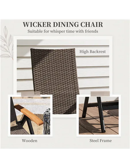 Outsunny Folding Rattan Garden Dining Chair with 5-level Reclining High Back, Wood Armrests for Outdoor, Patio - Brown