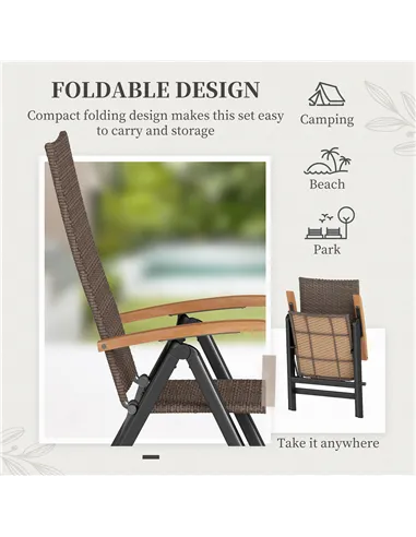 Outsunny Folding Rattan Garden Dining Chair with 5-level Reclining High Back, Wood Armrests for Outdoor, Patio - Brown