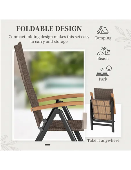 Outsunny Folding Rattan Garden Dining Chair with 5-level Reclining High Back, Wood Armrests for Outdoor, Patio - Brown