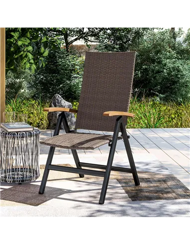 Outsunny Folding Rattan Garden Dining Chair with 5-level Reclining High Back, Wood Armrests for Outdoor, Patio - Brown