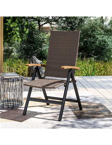 Outsunny Folding Rattan Garden Dining Chair with 5-level Reclining High Back, Wood Armrests for Outdoor, Patio - Brown