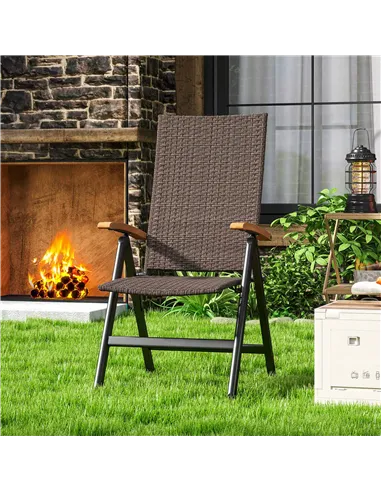 Outsunny Folding Rattan Garden Dining Chair with 5-level Reclining High Back, Wood Armrests for Outdoor, Patio - Brown