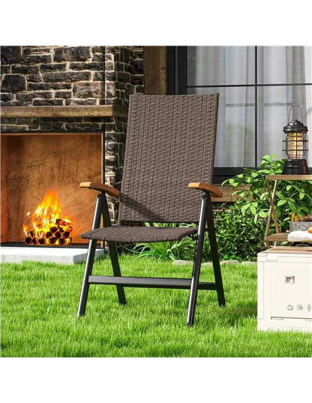 Outsunny Folding Rattan Garden Dining Chair with 5-level Reclining High Back, Wood Armrests for Outdoor, Patio - Brown