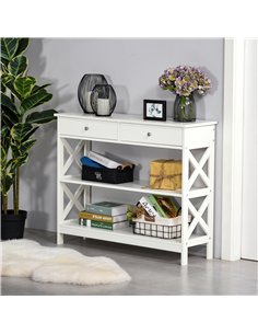 HOMCOM Console Table Side Desk w/ Shelves Drawers Open Top X Support Frame Living Room Hallway Home Office Furniture White 2