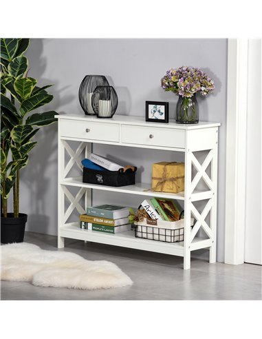 HOMCOM Console Table Side Desk w/ Shelves Drawers Open Top X Support Frame Living Room Hallway Home Office Furniture White