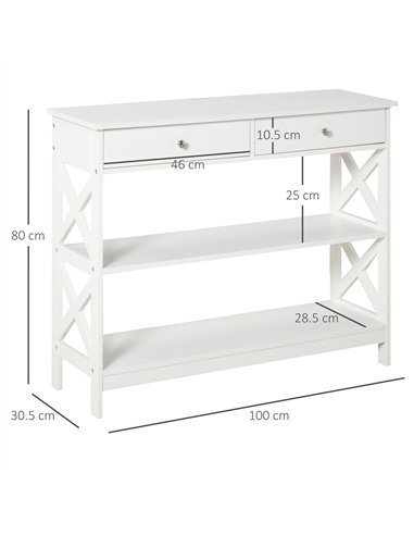 HOMCOM Console Table Side Desk w/ Shelves Drawers Open Top X Support Frame Living Room Hallway Home Office Furniture White