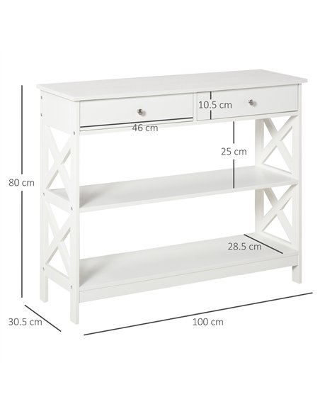 HOMCOM Console Table Side Desk w/ Shelves Drawers Open Top X Support Frame Living Room Hallway Home Office Furniture White