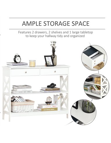 HOMCOM Console Table Side Desk w/ Shelves Drawers Open Top X Support Frame Living Room Hallway Home Office Furniture White