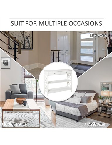 HOMCOM Console Table Side Desk w/ Shelves Drawers Open Top X Support Frame Living Room Hallway Home Office Furniture White