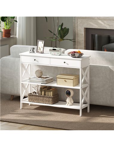 HOMCOM Console Table Side Desk w/ Shelves Drawers Open Top X Support Frame Living Room Hallway Home Office Furniture White