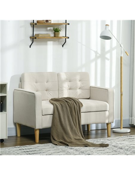 HOMCOM Modern Loveseat Sofa, Compact 2 Seater Sofa with Hidden Storage, 117cm Tufted Cotton Couch with Wood Legs, Cream White