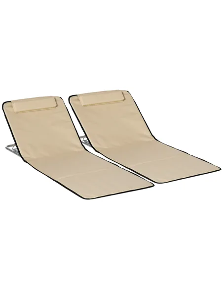 Outsunny Set of 2 Foldable Garden Beach Chair Mat Lightweight Outdoor Sun Lounger Seats Adjustable Back Metal Frame PE Fabric He