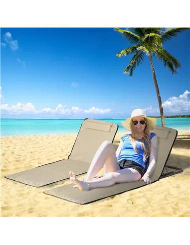 Outsunny Set of 2 Foldable Garden Beach Chair Mat Lightweight Outdoor Sun Lounger Seats Adjustable Back Metal Frame PE Fabric He