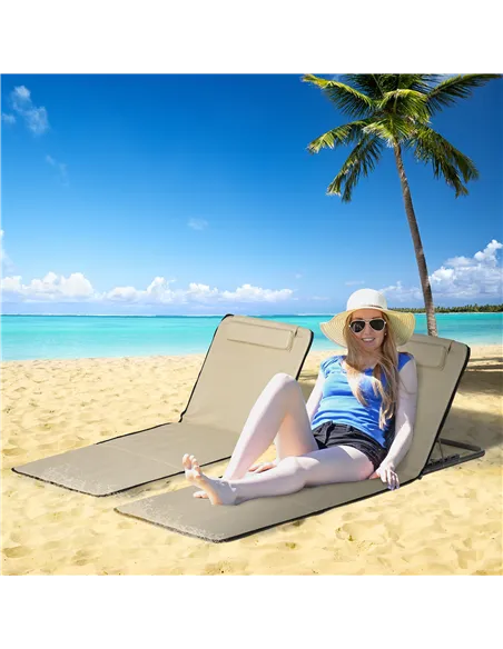 Outsunny Set of 2 Foldable Garden Beach Chair Mat Lightweight Outdoor Sun Lounger Seats Adjustable Back Metal Frame PE Fabric He