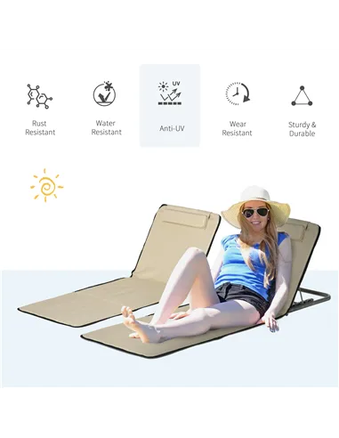 Outsunny Set of 2 Foldable Garden Beach Chair Mat Lightweight Outdoor Sun Lounger Seats Adjustable Back Metal Frame PE Fabric He