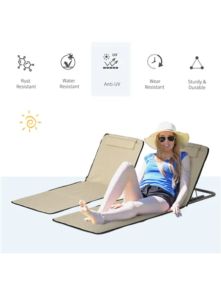 Outsunny Set of 2 Foldable Garden Beach Chair Mat Lightweight Outdoor Sun Lounger Seats Adjustable Back Metal Frame PE Fabric He