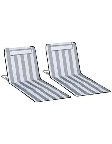 Outsunny Set of 2 Foldable Garden Beach Chair Mat Lightweight Outdoor Sun Lounger Seats Adjustable Back Metal Frame PE Fabric He