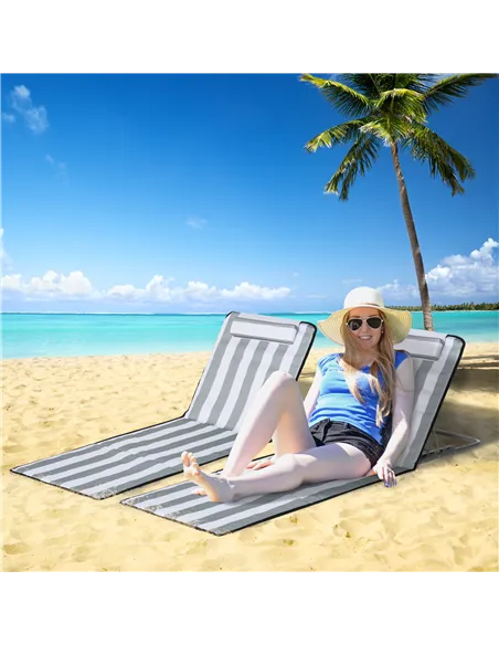 Outsunny Set of 2 Foldable Garden Beach Chair Mat Lightweight Outdoor Sun Lounger Seats Adjustable Back Metal Frame PE Fabric He