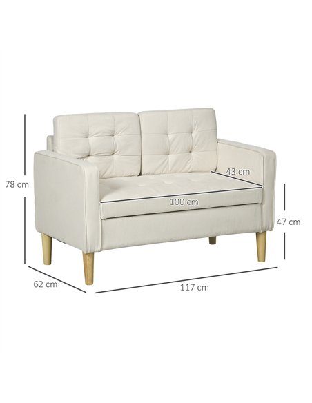 HOMCOM Modern Loveseat Sofa, Compact 2 Seater Sofa with Hidden Storage, 117cm Tufted Cotton Couch with Wood Legs, Cream White