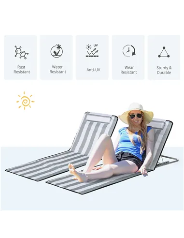 Outsunny Set of 2 Foldable Garden Beach Chair Mat Lightweight Outdoor Sun Lounger Seats Adjustable Back Metal Frame PE Fabric He