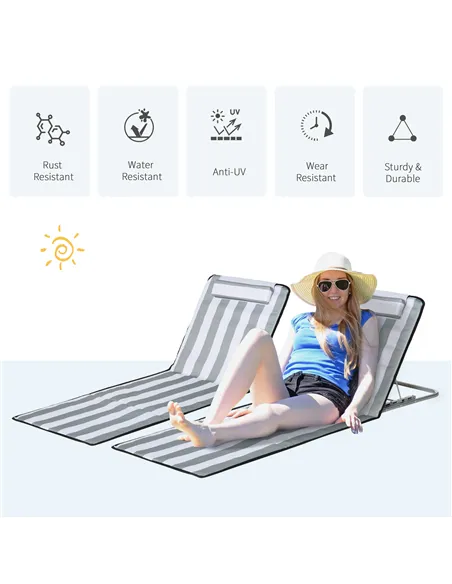 Outsunny Set of 2 Foldable Garden Beach Chair Mat Lightweight Outdoor Sun Lounger Seats Adjustable Back Metal Frame PE Fabric He