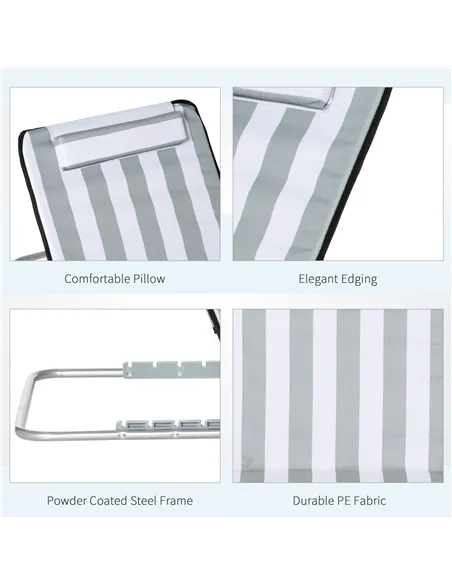 Outsunny Set of 2 Foldable Garden Beach Chair Mat Lightweight Outdoor Sun Lounger Seats Adjustable Back Metal Frame PE Fabric He