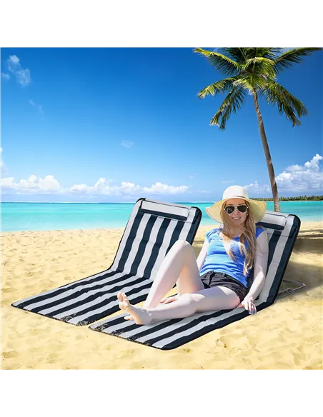 Outsunny Set of 2 Foldable Garden Beach Chair Mat Lightweight Outdoor Sun Lounger Seats Adjustable Back Metal Frame PE Fabric He