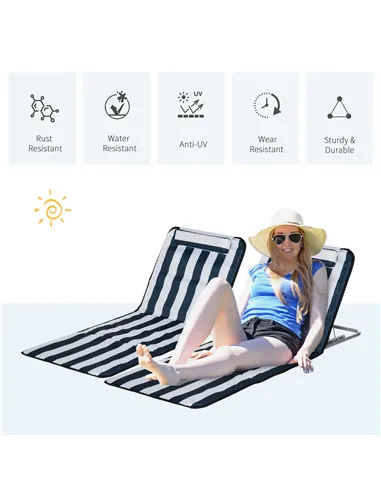 Outsunny Set of 2 Foldable Garden Beach Chair Mat Lightweight Outdoor Sun Lounger Seats Adjustable Back Metal Frame PE Fabric He