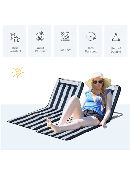 Outsunny Set of 2 Foldable Garden Beach Chair Mat Lightweight Outdoor Sun Lounger Seats Adjustable Back Metal Frame PE Fabric He