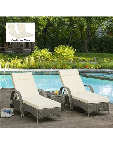 Outsunny Set of 2 Sun Lounger Cushions, Replacement Cushions for Rattan Furniture with Ties, 196 x 55 cm, Cream White