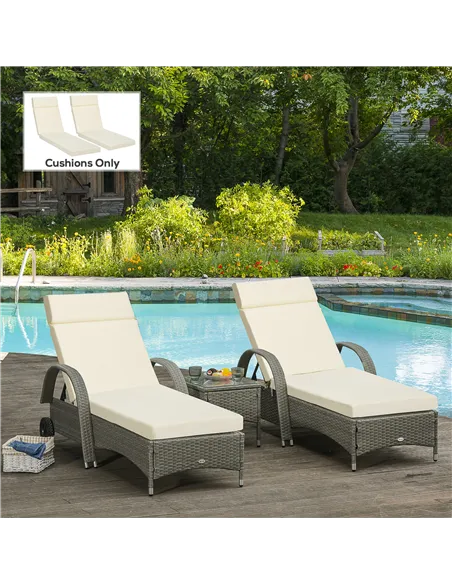 Outsunny Set of 2 Sun Lounger Cushions, Replacement Cushions for Rattan Furniture with Ties, 196 x 55 cm, Cream White