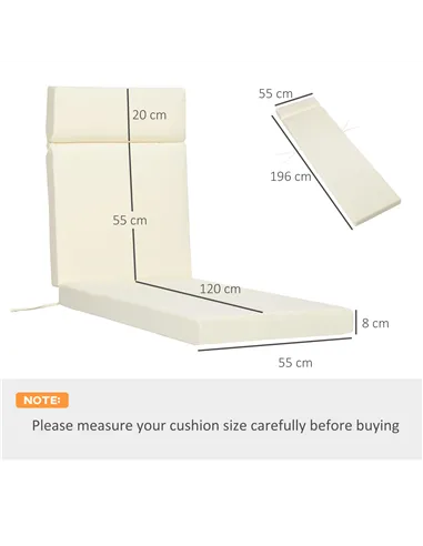 Outsunny Set of 2 Sun Lounger Cushions, Replacement Cushions for Rattan Furniture with Ties, 196 x 55 cm, Cream White