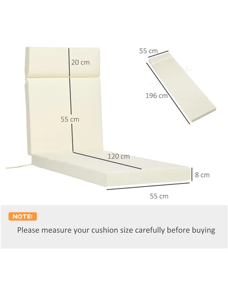 Outsunny Set of 2 Sun Lounger Cushions, Replacement Cushions for Rattan Furniture with Ties, 196 x 55 cm, Cream White