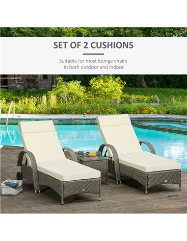 Outsunny Set of 2 Sun Lounger Cushions, Replacement Cushions for Rattan Furniture with Ties, 196 x 55 cm, Cream White