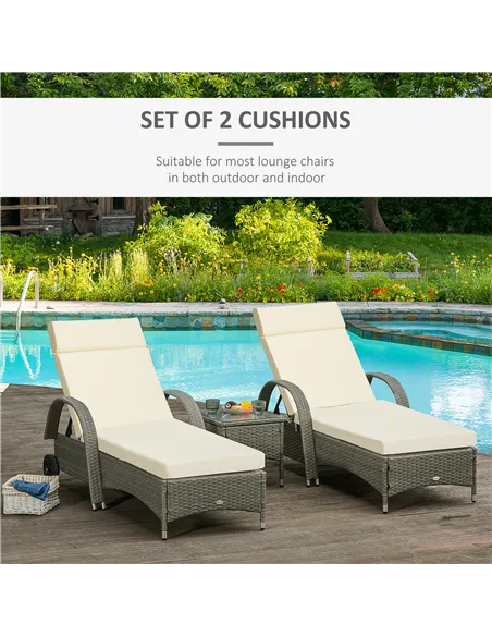 Outsunny Set of 2 Sun Lounger Cushions, Replacement Cushions for Rattan Furniture with Ties, 196 x 55 cm, Cream White