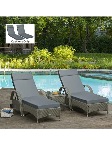 Outsunny Set of 2 Sun Lounger Cushions, Replacement Cushions for Rattan Furniture with Ties, 196 x 55 cm, Dark Grey
