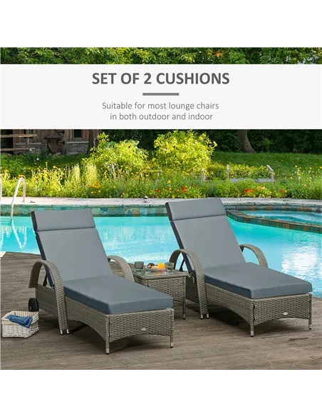 Outsunny Set of 2 Sun Lounger Cushions, Replacement Cushions for Rattan Furniture with Ties, 196 x 55 cm, Dark Grey