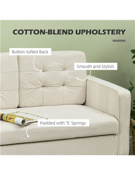 HOMCOM Modern Loveseat Sofa, Compact 2 Seater Sofa with Hidden Storage, 117cm Tufted Cotton Couch with Wood Legs, Cream White