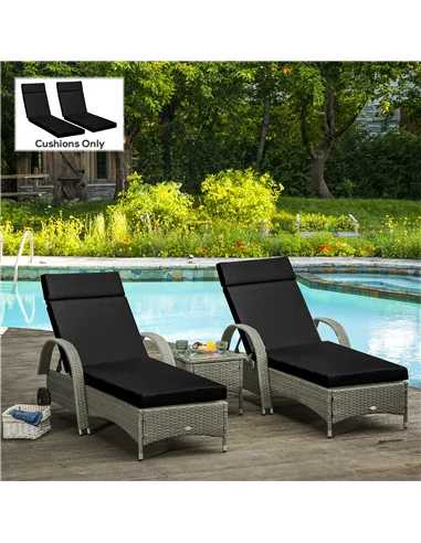 Outsunny Set of 2 Sun Lounger Cushions, Replacement Cushions for Rattan Furniture with Ties, 196 x 55 cm, Black