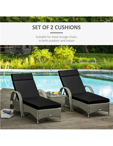 Outsunny Set of 2 Sun Lounger Cushions, Replacement Cushions for Rattan Furniture with Ties, 196 x 55 cm, Black