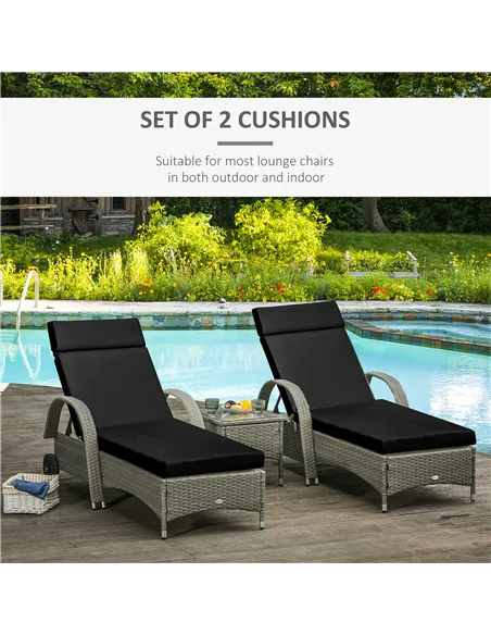 Outsunny Set of 2 Sun Lounger Cushions, Replacement Cushions for Rattan Furniture with Ties, 196 x 55 cm, Black