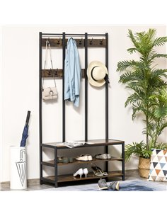 HOMCOM Coat Rack Stand, Free Standing Hall Tree, Coat Stand with Hooks, Bench and Shoe Rack, 100cm x 38.5cm x 185.5cm, Industria 2