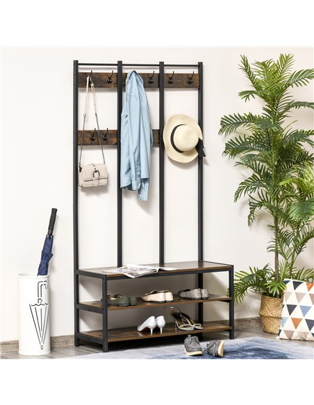 HOMCOM Coat Rack Stand, Free Standing Hall Tree, Coat Stand with Hooks, Bench and Shoe Rack, 100cm x 38.5cm x 185.5cm, Industria