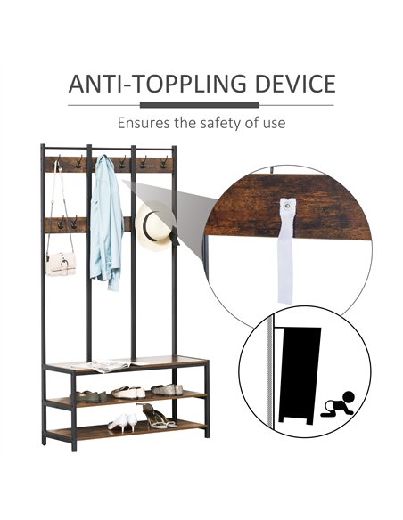 HOMCOM Coat Rack Stand, Free Standing Hall Tree, Coat Stand with Hooks, Bench and Shoe Rack, 100cm x 38.5cm x 185.5cm, Industria