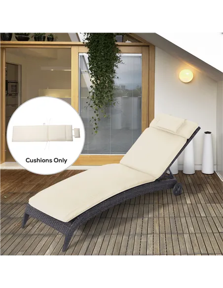 Outsunny Garden Sun Lounger Cushion Replacement Thick Sunbed Reclining Chair Relaxer Pad with Pillow - Cream White