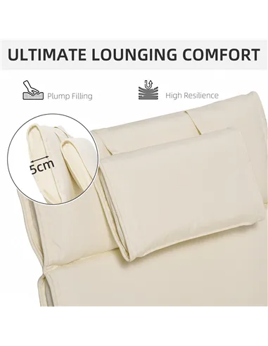 Outsunny Garden Sun Lounger Cushion Replacement Thick Sunbed Reclining Chair Relaxer Pad with Pillow - Cream White