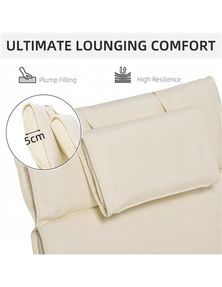Outsunny Garden Sun Lounger Cushion Replacement Thick Sunbed Reclining Chair Relaxer Pad with Pillow - Cream White