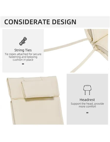 Outsunny Garden Sun Lounger Cushion Replacement Thick Sunbed Reclining Chair Relaxer Pad with Pillow - Cream White