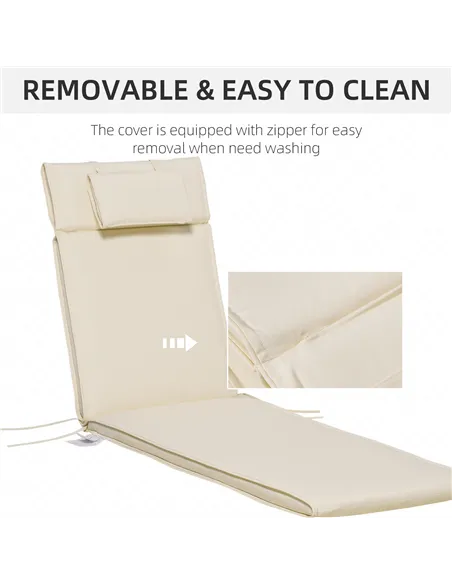 Outsunny Garden Sun Lounger Cushion Replacement Thick Sunbed Reclining Chair Relaxer Pad with Pillow - Cream White