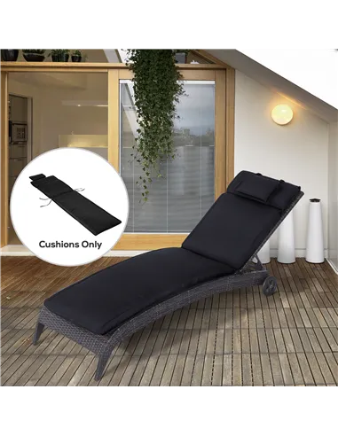 Outsunny Garden Sun Lounger Cushion Replacement Thick Sunbed Reclining Chair Relaxer Pad with Pillow - Black